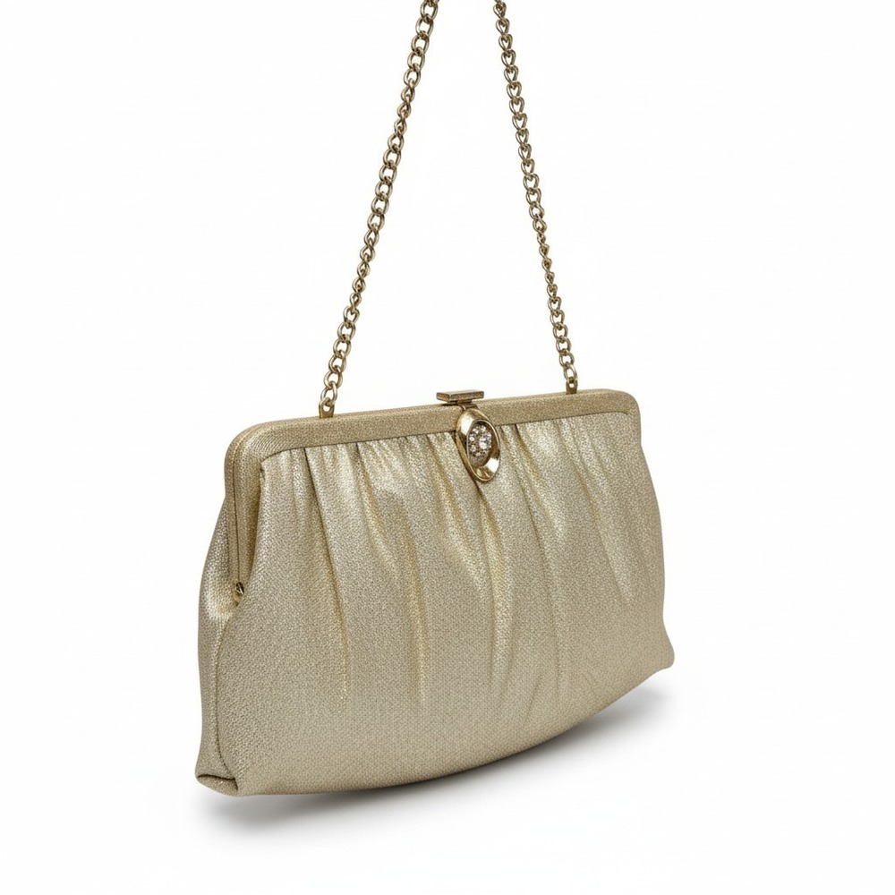 Ande' Gold Vintage Handbag Purse Evening Metallic Threads‎ Rhinestone Clasp